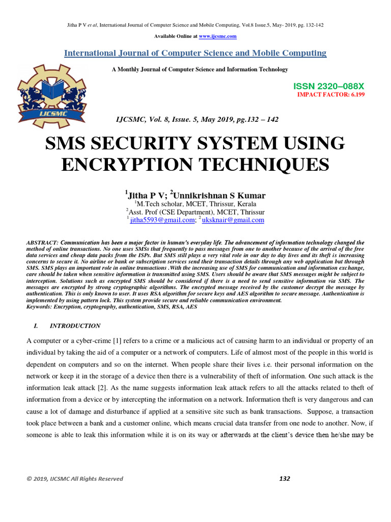 Sms Security System Using Encryption Tec | PDF | Encryption | Key ...