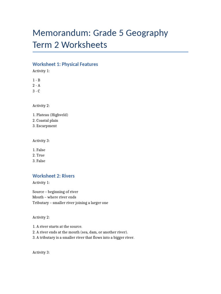 Grade 5 Geography Term 2 Memorandum | PDF