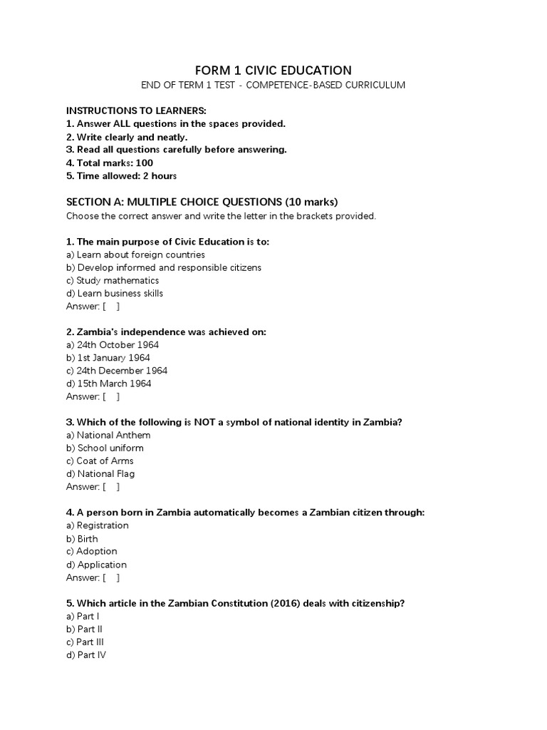 Form 1 Civic Education End of Term Test | PDF | Citizenship | Governance