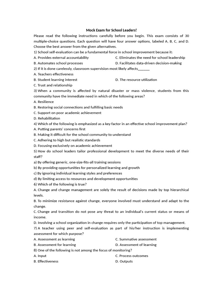Moc Exam For School Leaders | PDF | Educational Assessment | Teachers