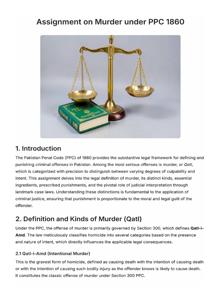 Assignment on Murder Under PPC 1860. Definition Kinds Murder Qatl-i-Amd ...