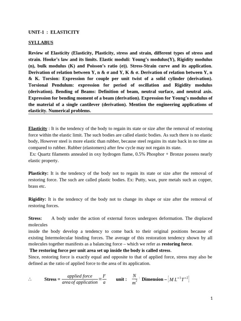 #1) 18PH12 UNIT I Elasticity 2020 21 Notes | PDF | Elasticity (Physics ...