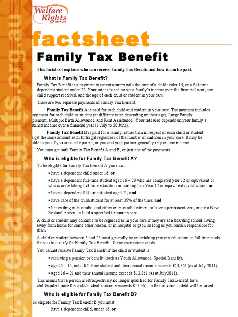 Factsheet Family Tax Benefit PDF Welfare Taxes