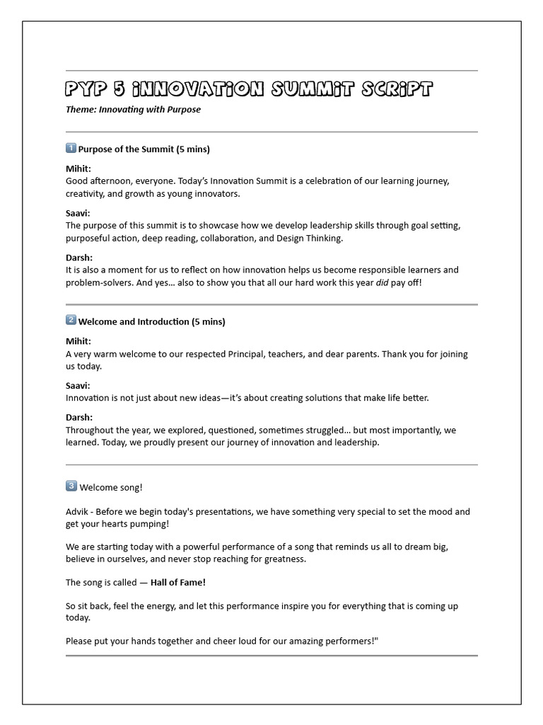 PYP5C-INNOVATION SUMMIT-Script-Refined-Indus Pune | PDF | Cognition ...