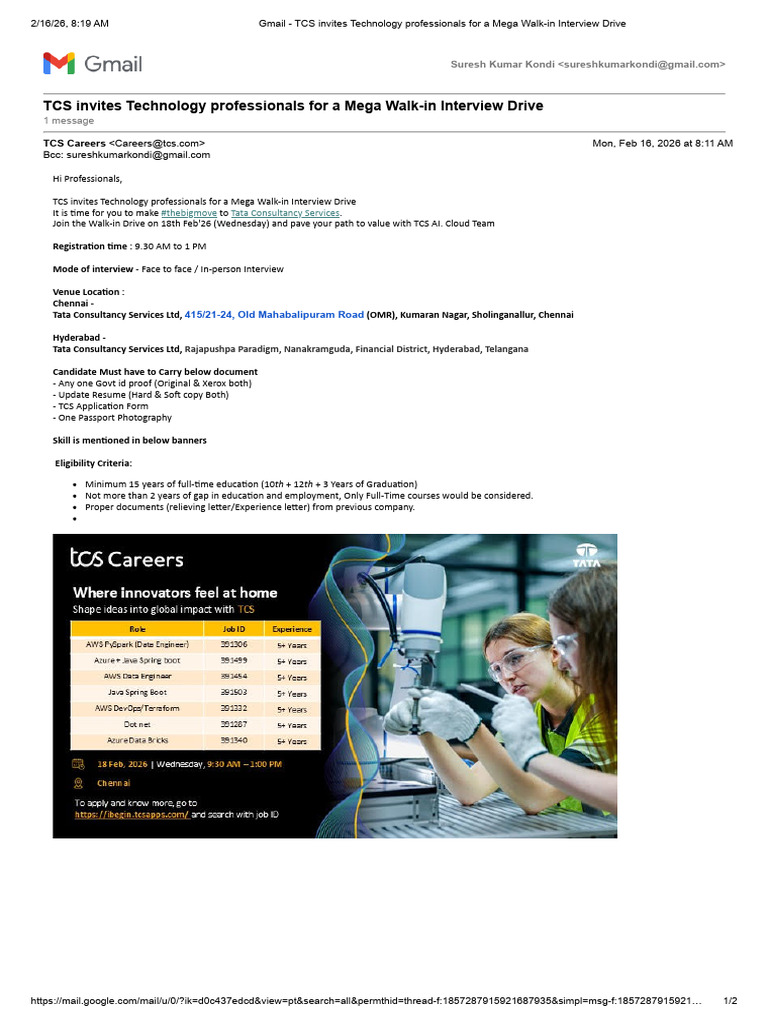 Gmail - TCS Invites Technology Professionals For A Mega Walk-In ...