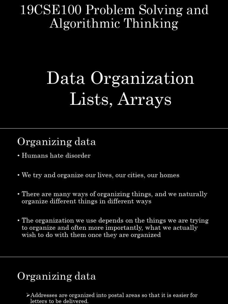 Lecture 13a - Data Organization - Lists - Arrays | PDF | Computer ...