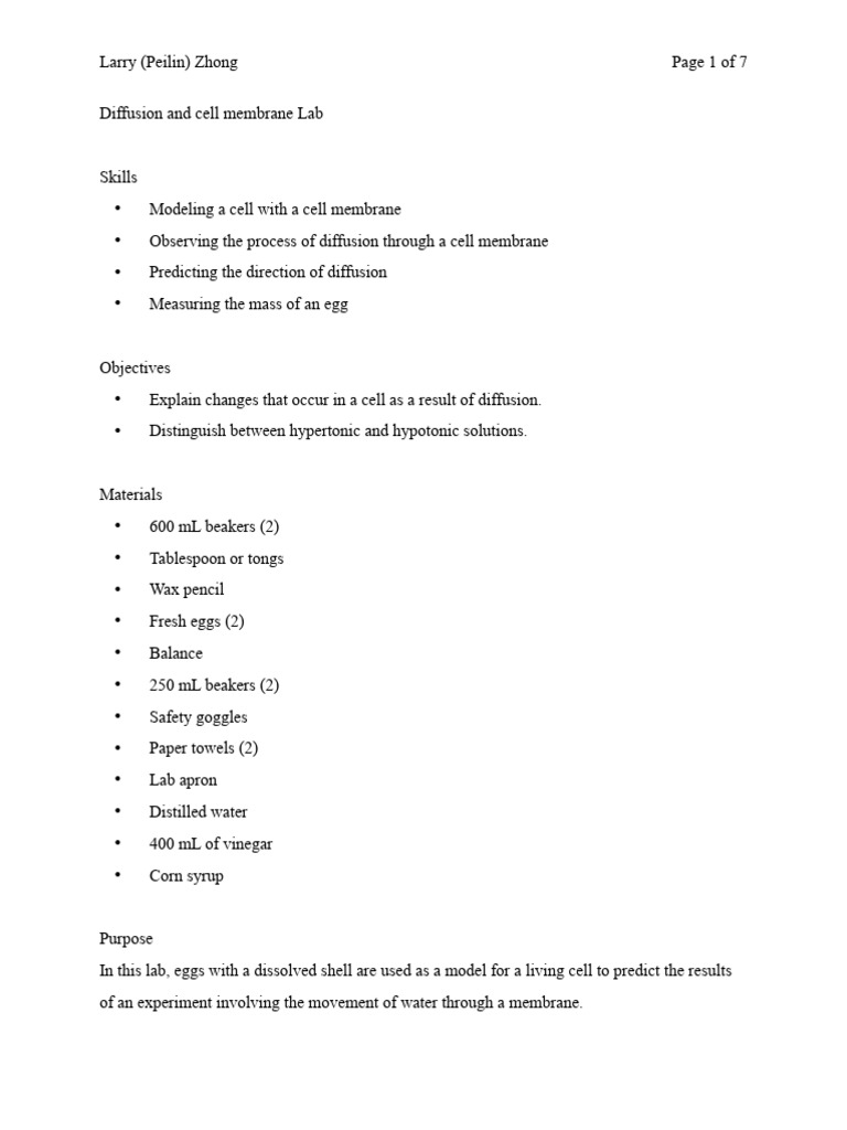 Diffusion and Cell Membrane Lab Report | PDF | Osmosis | Chemistry