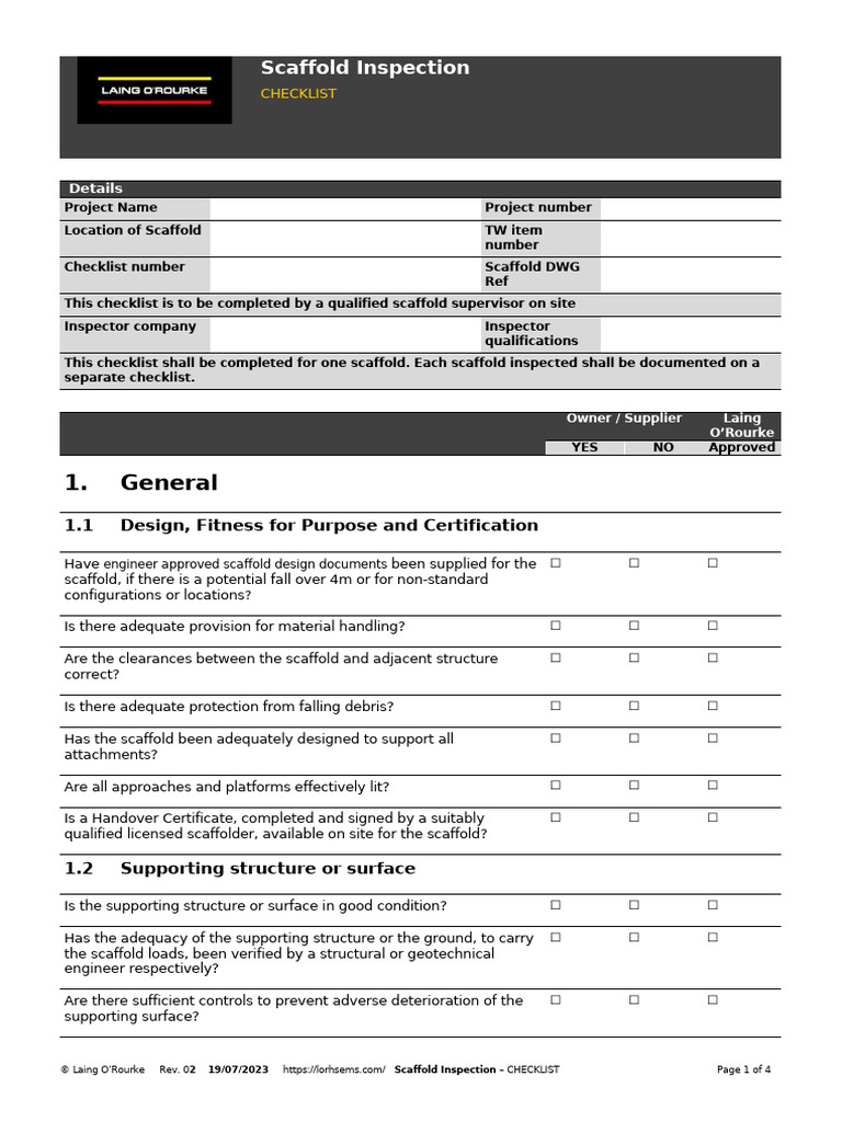 Scaffold Inspection Checklist | PDF | Scaffolding