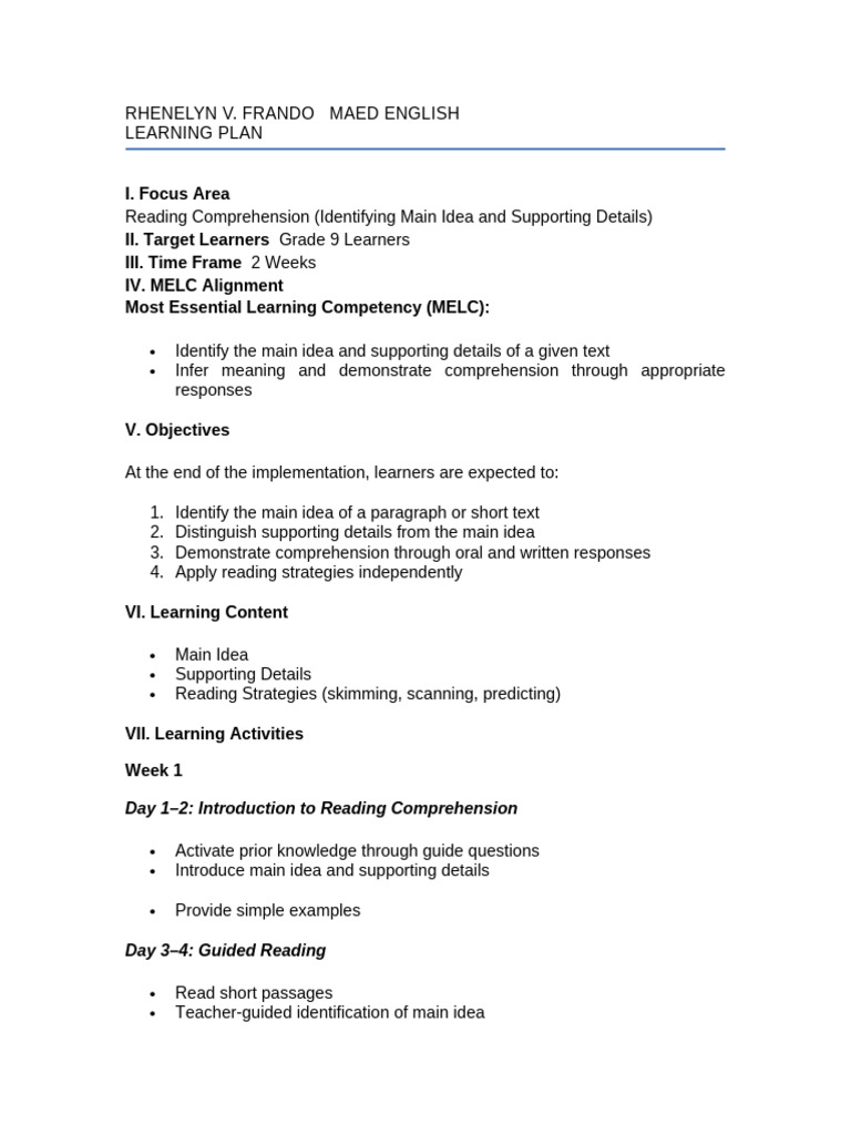 Improved Learning Plan | PDF | Reading Comprehension | Educational ...