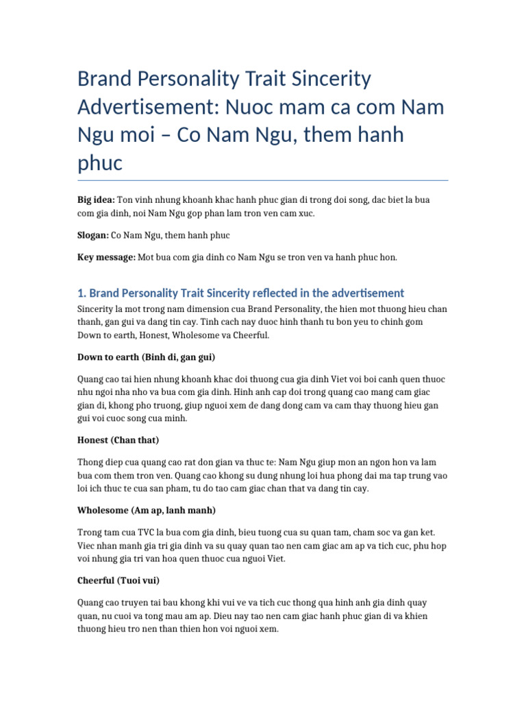 Brand Personality Sincerity Nam Ngu | PDF