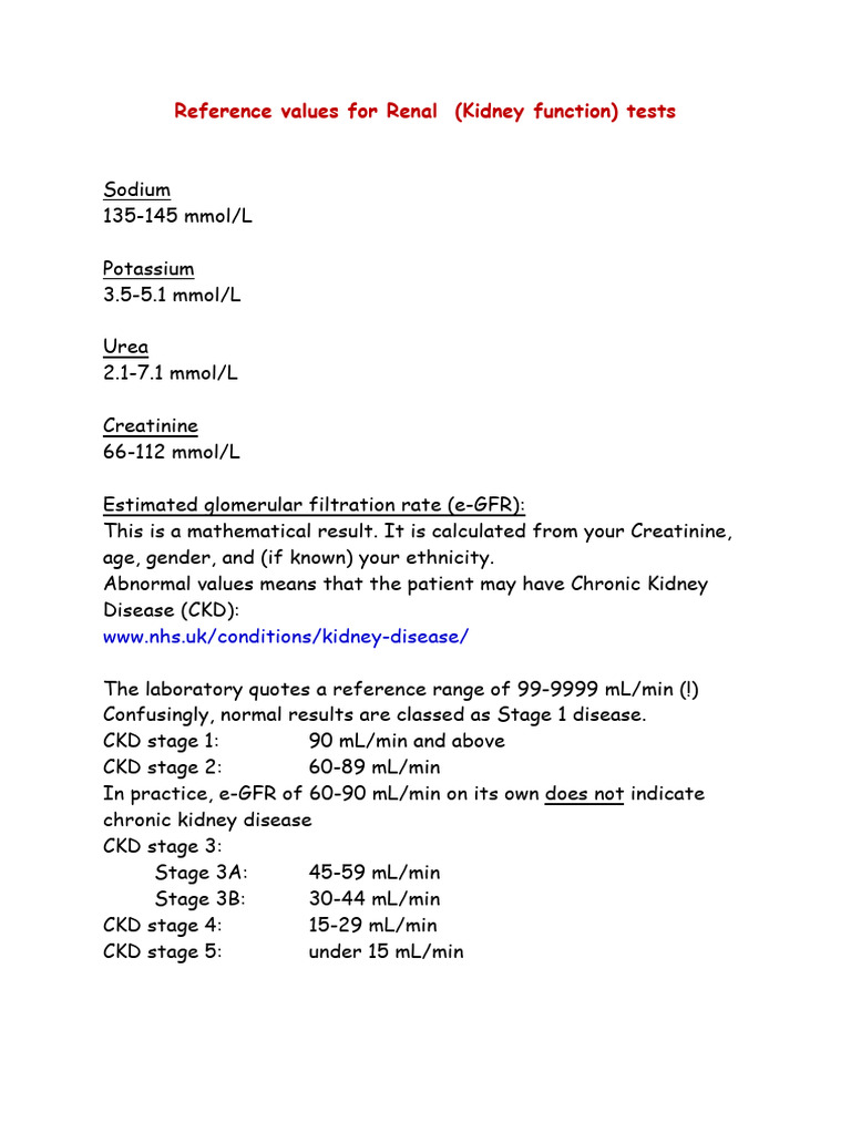 Reference Values For Renal Tests | PDF