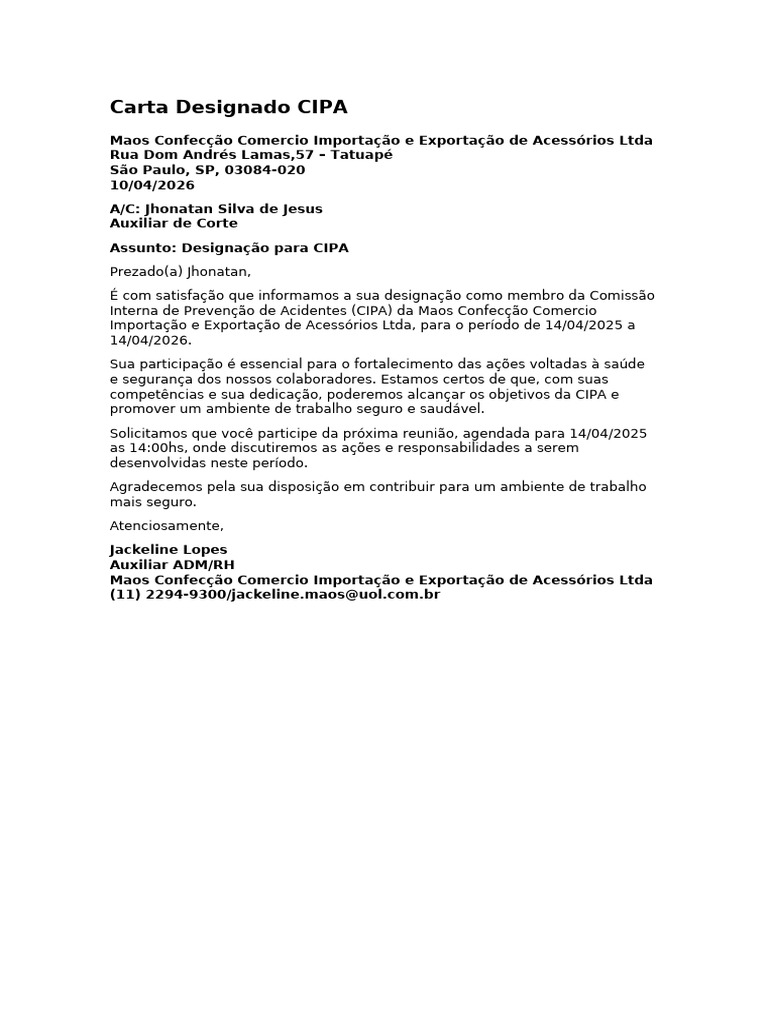 Modelo de Carta Designado CIPA | PDF