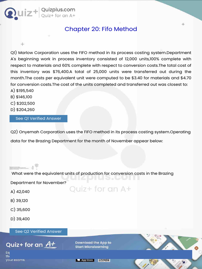 Marlow Corporation Uses The Fifo Method in Its Process Costing ...