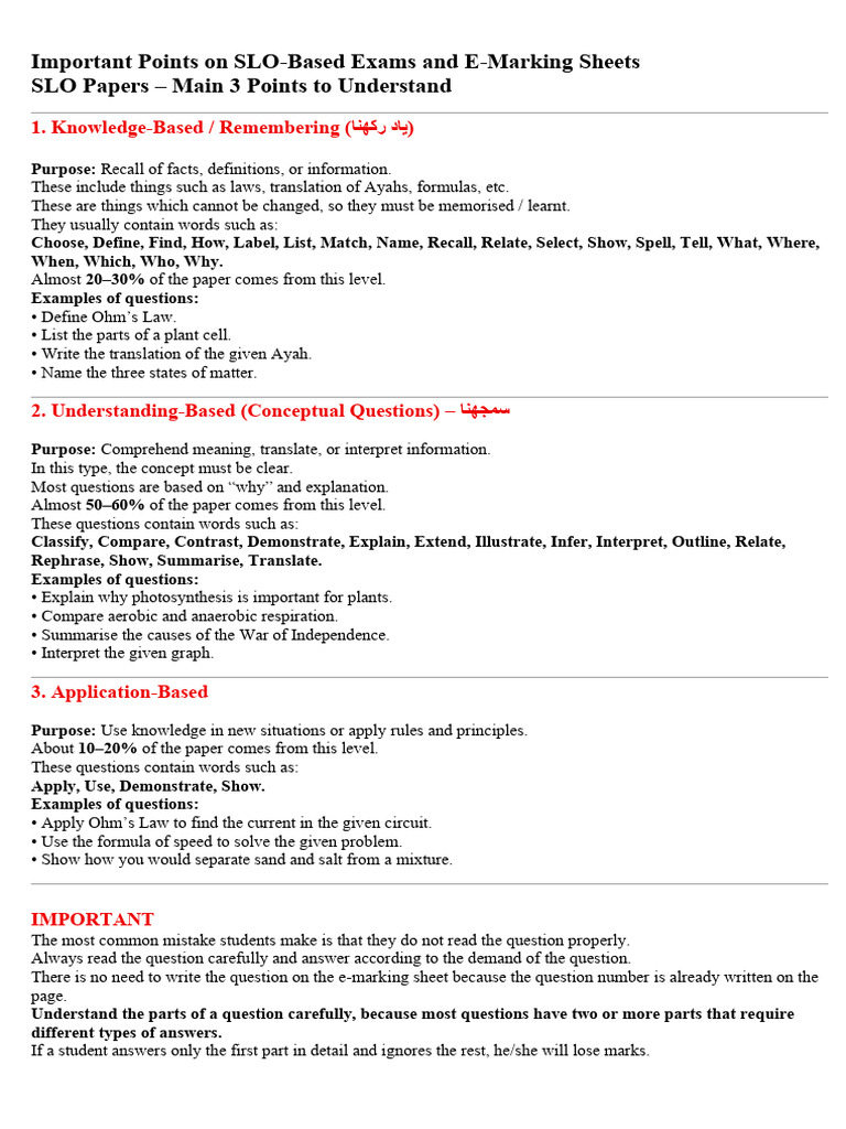 Important Points On SLO & E-Marking Sheet | PDF | Cellular Respiration ...