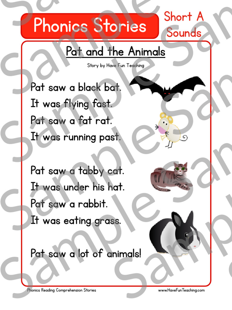 Pat and The Animals Phonics Reading Comprehension Story Worksheet Short ...