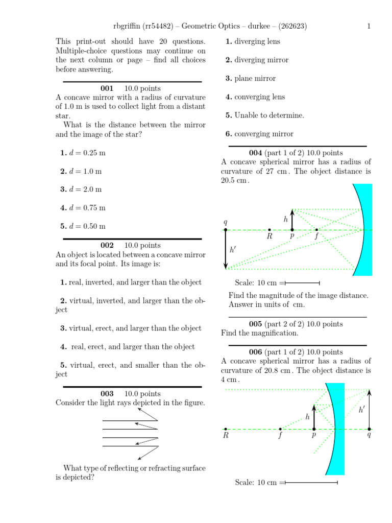 Geometric Optics Problems | PDF | Refraction | Applied And ...