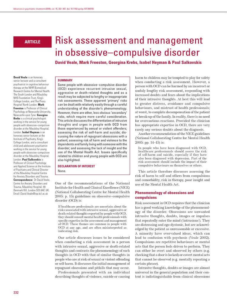 Risk Assessment in Ocd | PDF | Obsessive–Compulsive Disorder | Mental ...