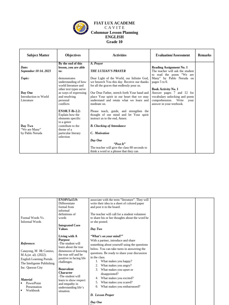 Week 1 Lesson Plan English 10 Final | PDF | Narrative | Writing
