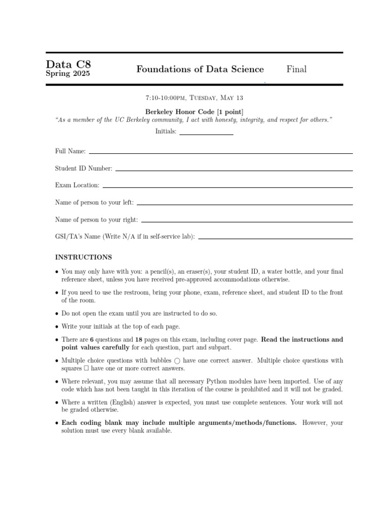 Data8 Sp25 Final | PDF | P Value | Linear Regression