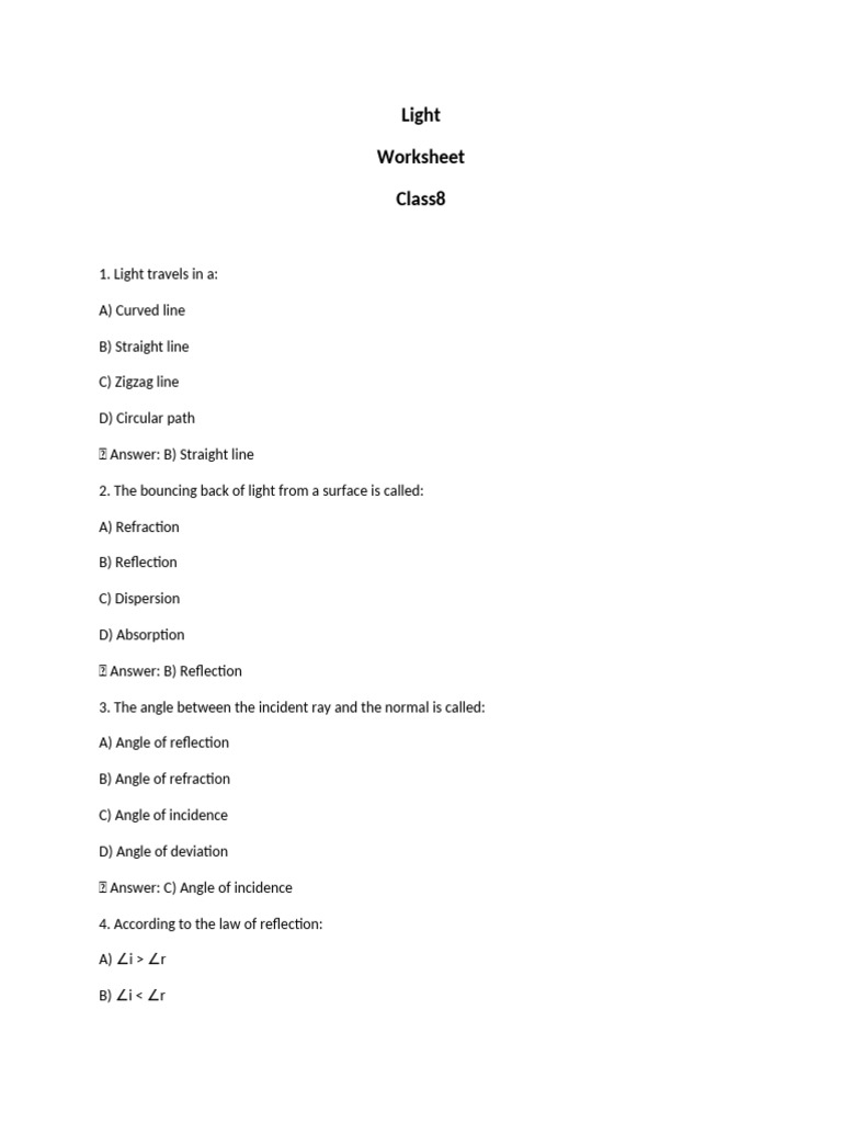 Light-Class 8 Worksheet | PDF | Reflection (Physics) | Light