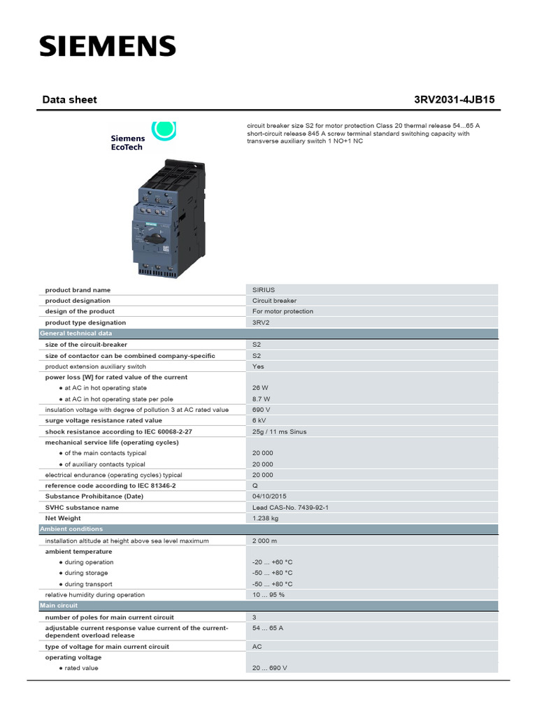 3RV20314JB15 Datasheet en | PDF | Alternating Current | Electricity