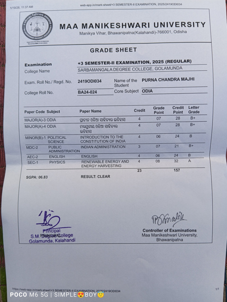Semester II Grade Sheet | PDF