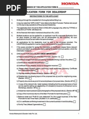 Honda 2 Wheelers Dealership Application Form Download