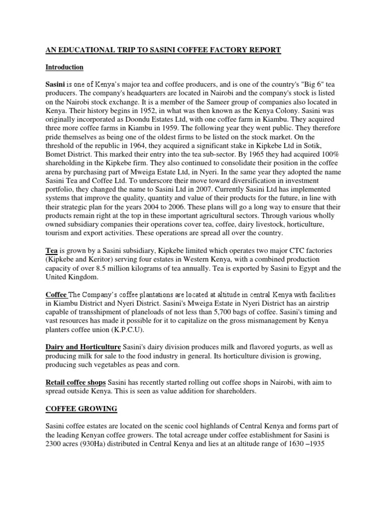 Educational Trip To Sasini Coffee Factory PDF Kenya Coffee