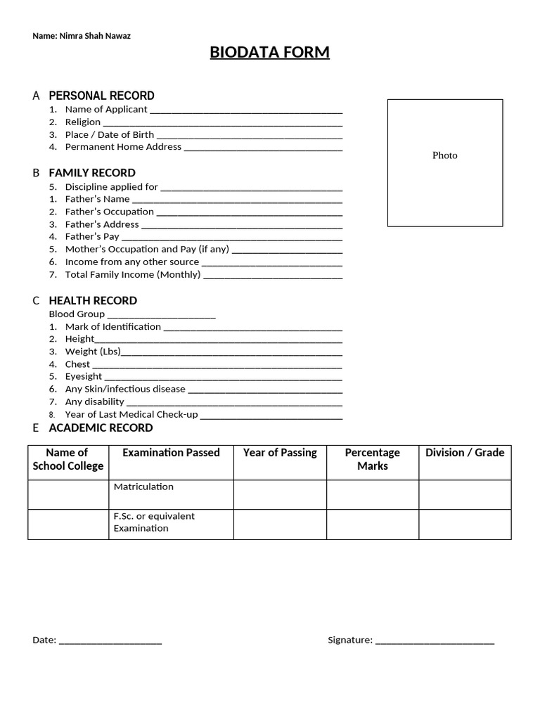 Biodata Card | PDF