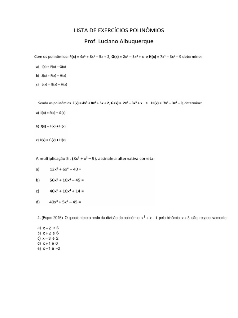 Lista de Exercícios Polinômios | PDF