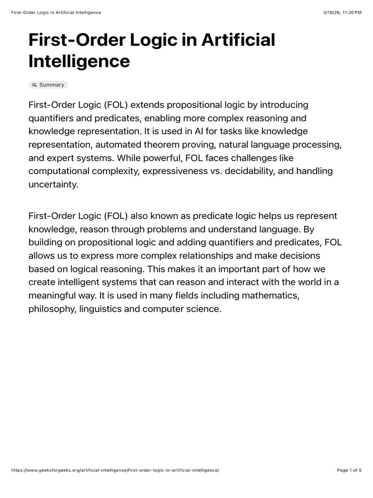 First-Order Logic in Artificial Intelligence - GeeksforGeeks | PDF ...
