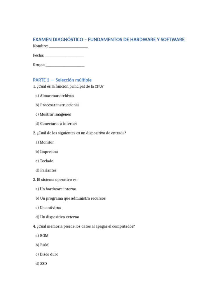 Examen Diagnostico | PDF | Hardware de la computadora | Sistema operativo