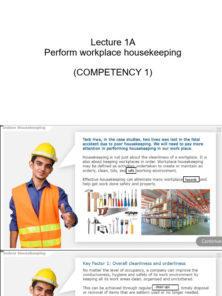 Lecture 1A STUDENT - Perform Workplace Housekeeping (COMPETENCY 1) | PDF
