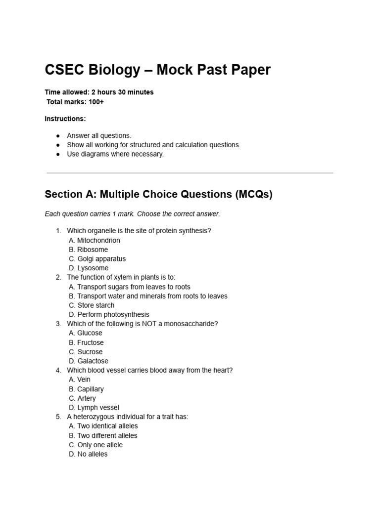 CSEC Biology - Mock Past Paper | PDF | Genotype | Cell (Biology)