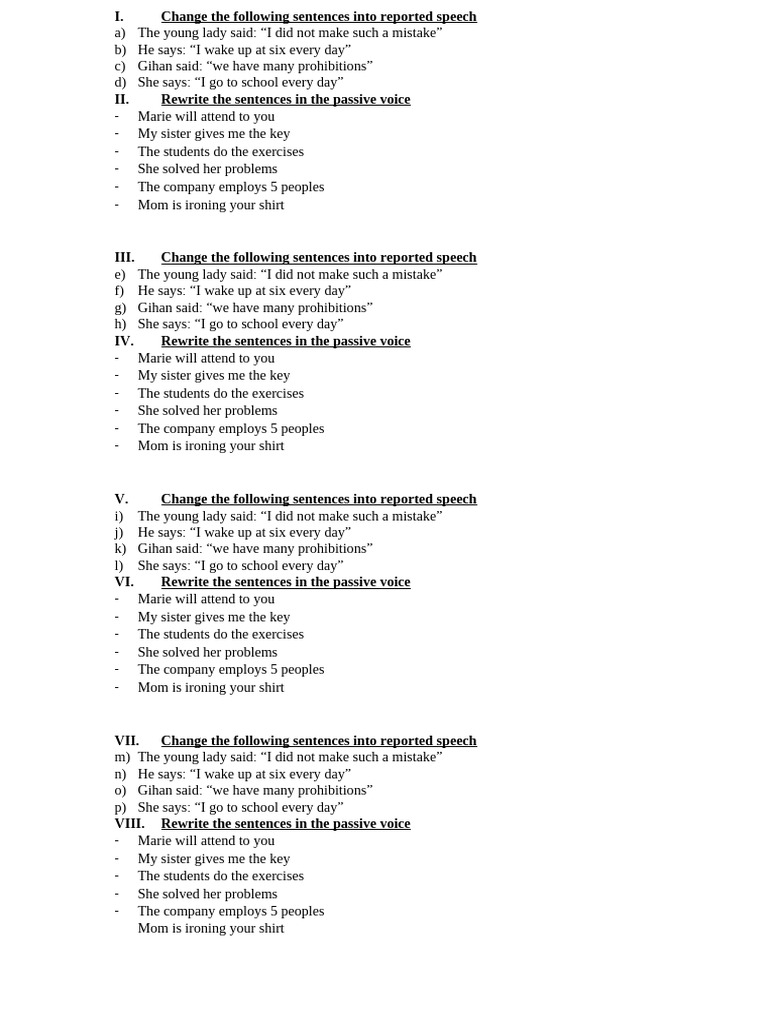 Change The Following Sentences Into Reported Speech | PDF