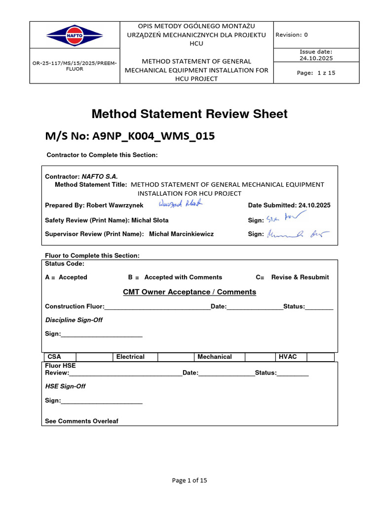 Or-25-117-Ms-015-r0-Method Statement of General Mechanical Equipment In ...