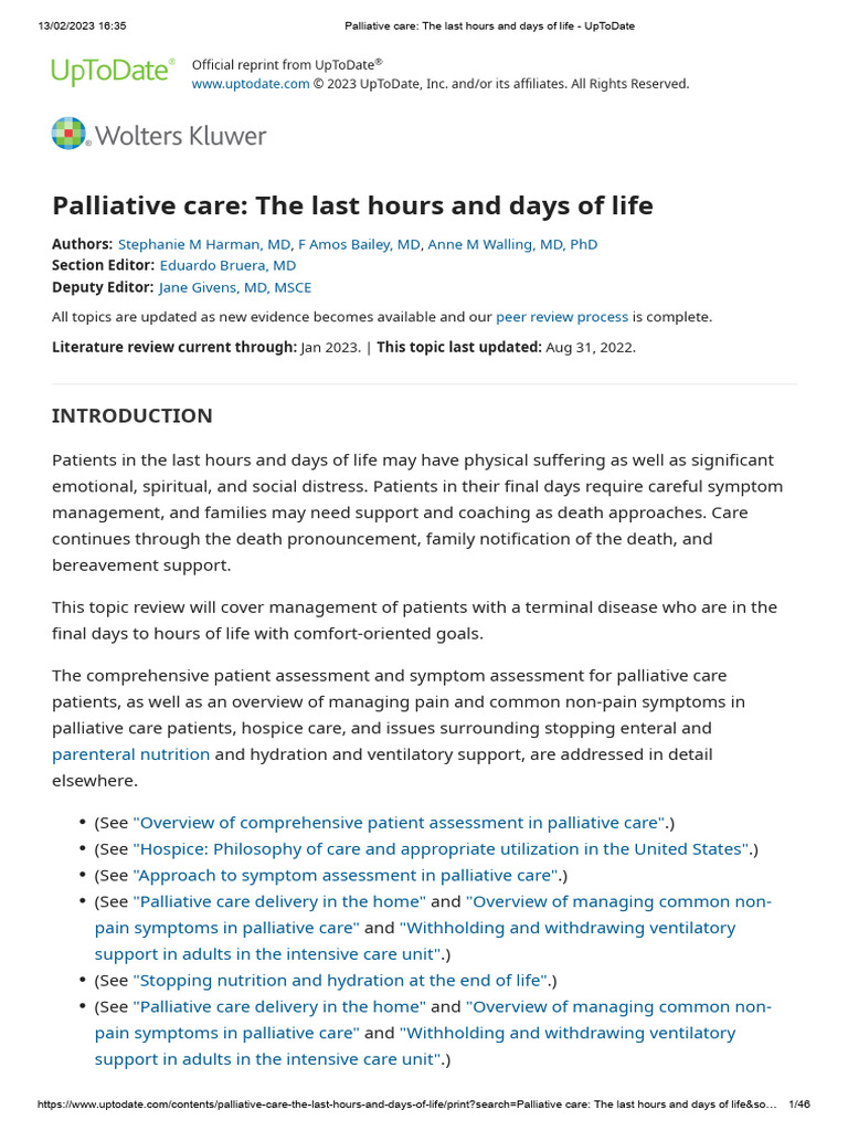 Palliative Care - The Last Hours and Days of Life - UpToDate | PDF