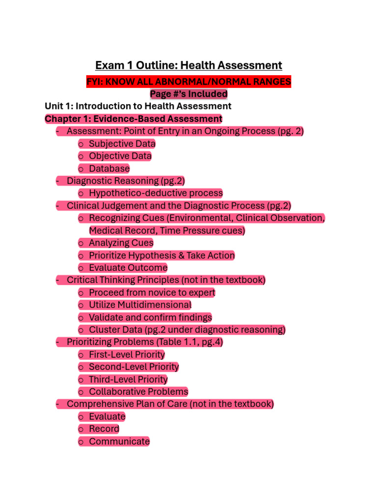 Exam 1 Outline Health Assessment | PDF