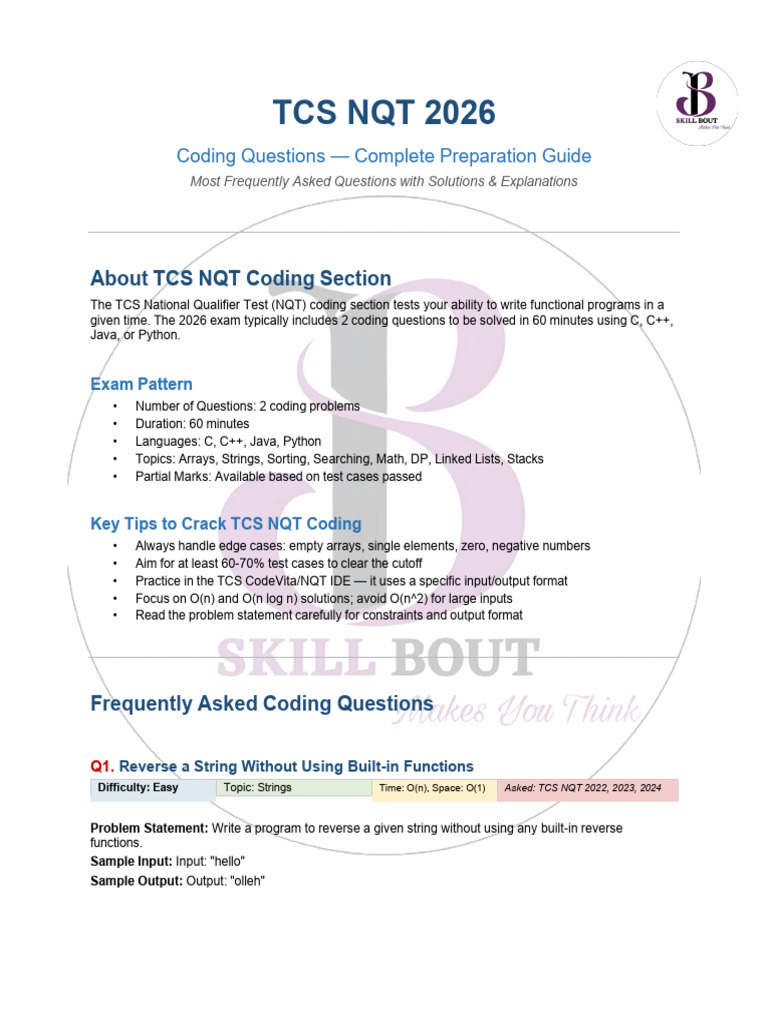TCS NQT 2026 Coding Questions 20 With Answers | PDF | String (Computer ...
