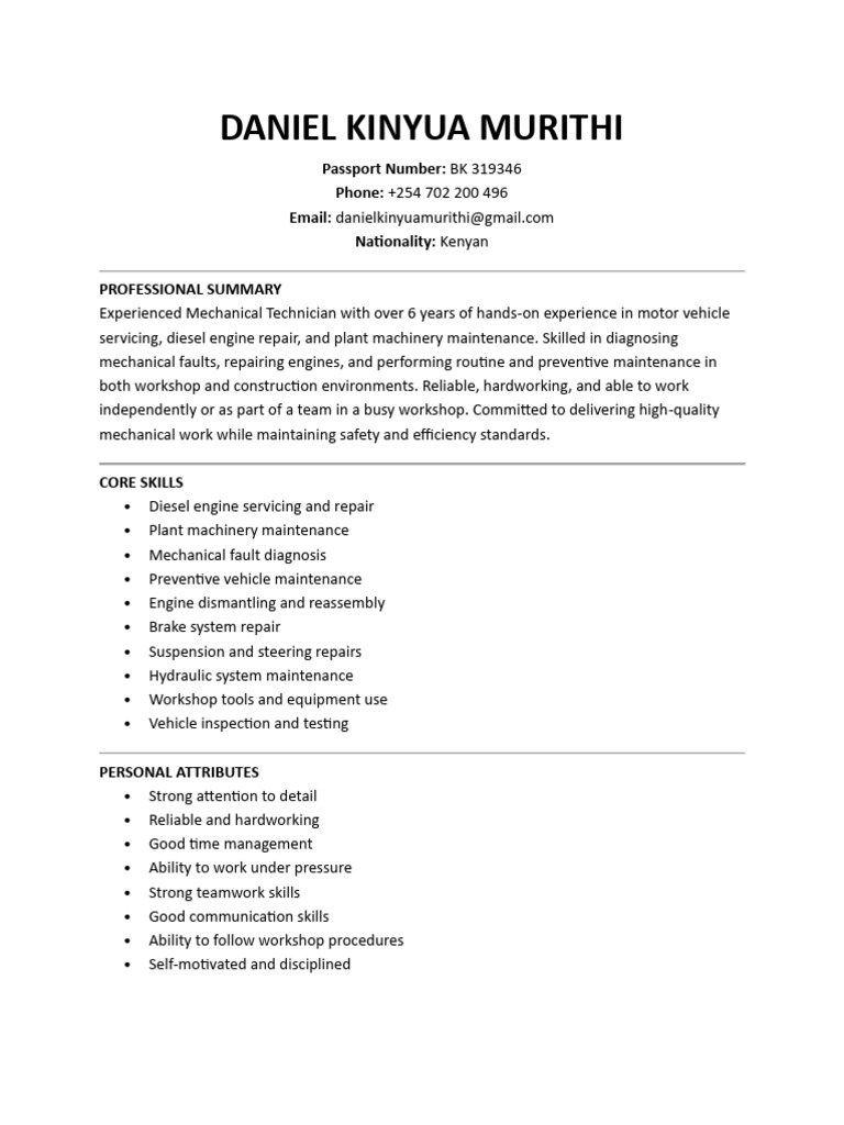 Daniel Kinyua Murithi CV | PDF | Auto Mechanic | Vehicles