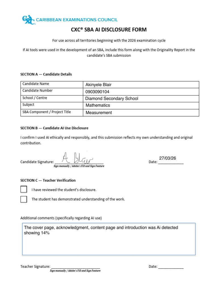 CXC SBA AI Disclosure Form Final-Fillable (2) - 1 | PDF