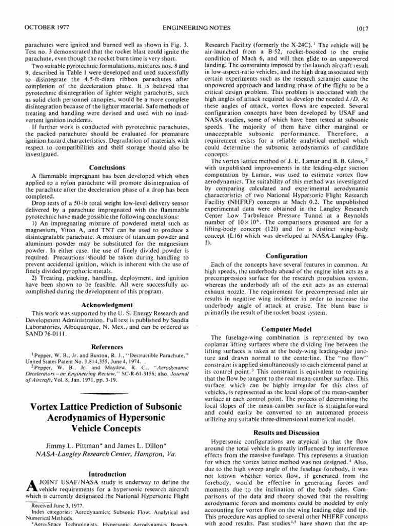 Vortex Lattice Prediction of Subsonic Aerodynamics of Hypersonic