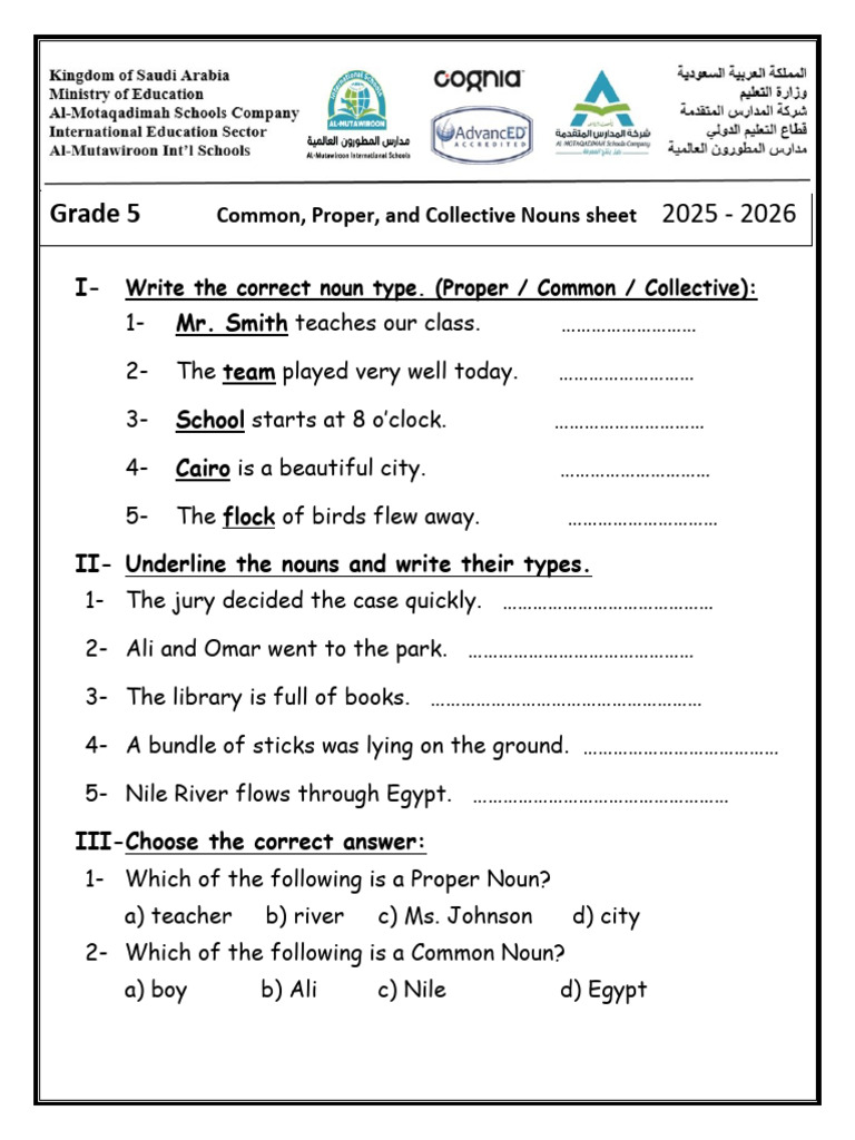 Common, Proper, and Collective Nouns Grade 5 | PDF