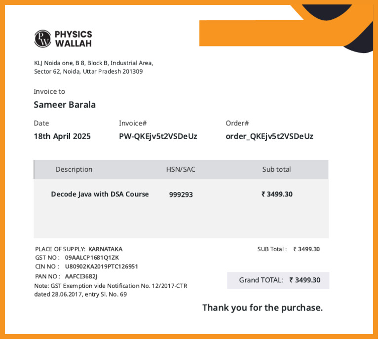 PW Skills Invoice | PDF