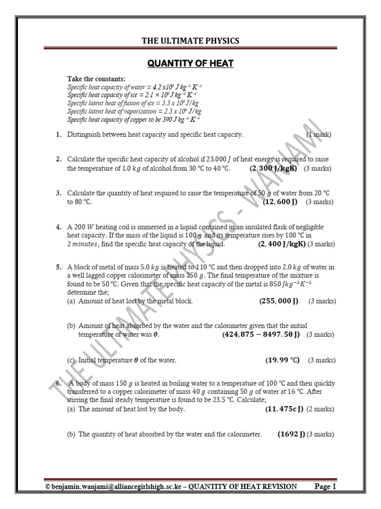 The Ultimate Physics - Quantity of Heat (With Numerical Answers) | PDF ...