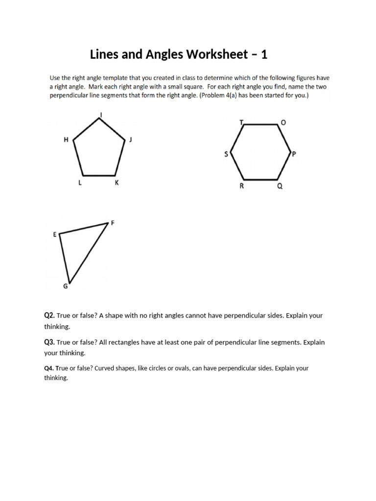 Lines and Angles Worksheet - 1 | PDF