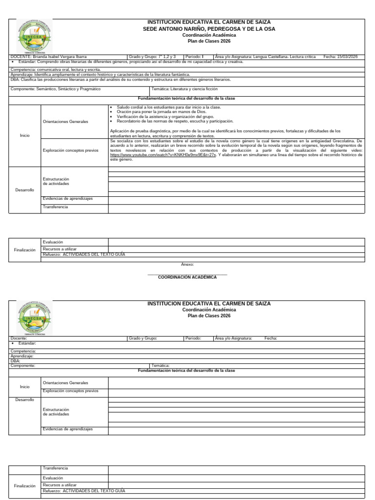 Plan de Clases Ejemplo 7° | PDF | Comunicación humana