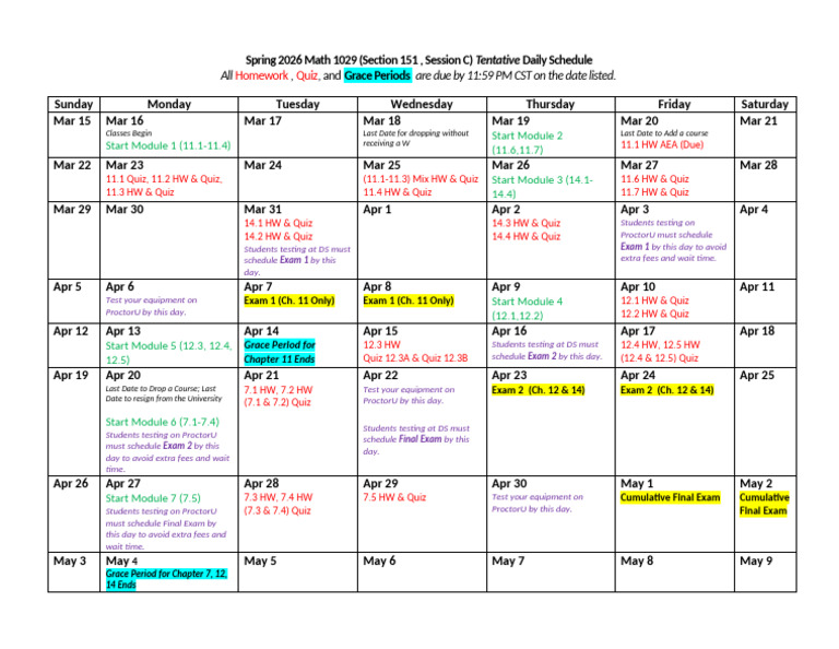 Sp26 (2ndC) Math1029DailySchedule | PDF
