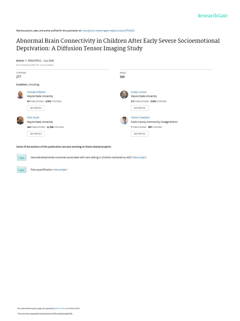 Abnormal Brain Connectivity in Children After Early Severe ...