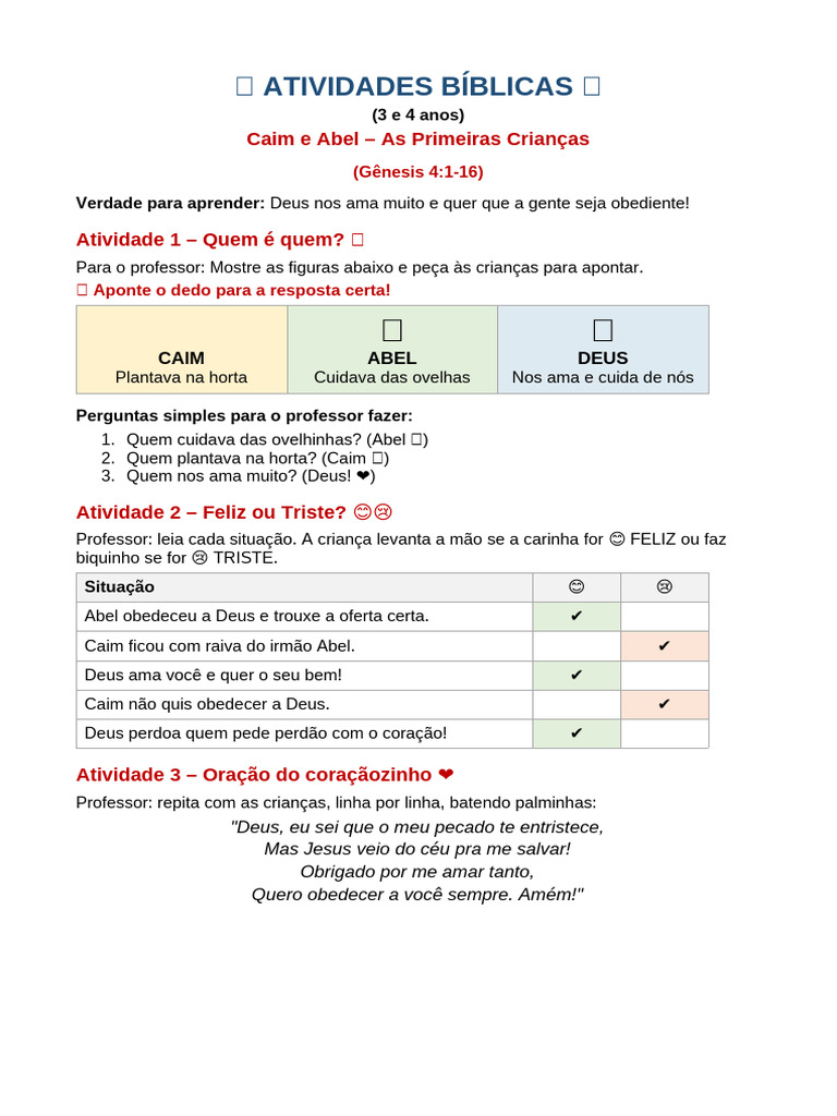 Atividades Caim Abel | PDF | Caim e Abel | Deus